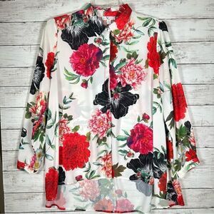 Lena Gabrielle Flare Swing High Low  Red White Floral Oversized Tunic Blouse L